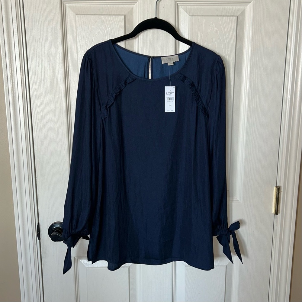 LOFT Navy Blouse with Tie Sleeves 🆕